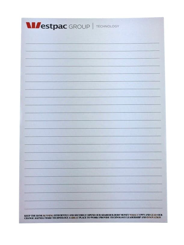 Lined notepad with Westpac Group Technology logo at the top.