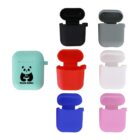 Seven colorful earphone cases, one with a panda logo, are displayed on a white background.