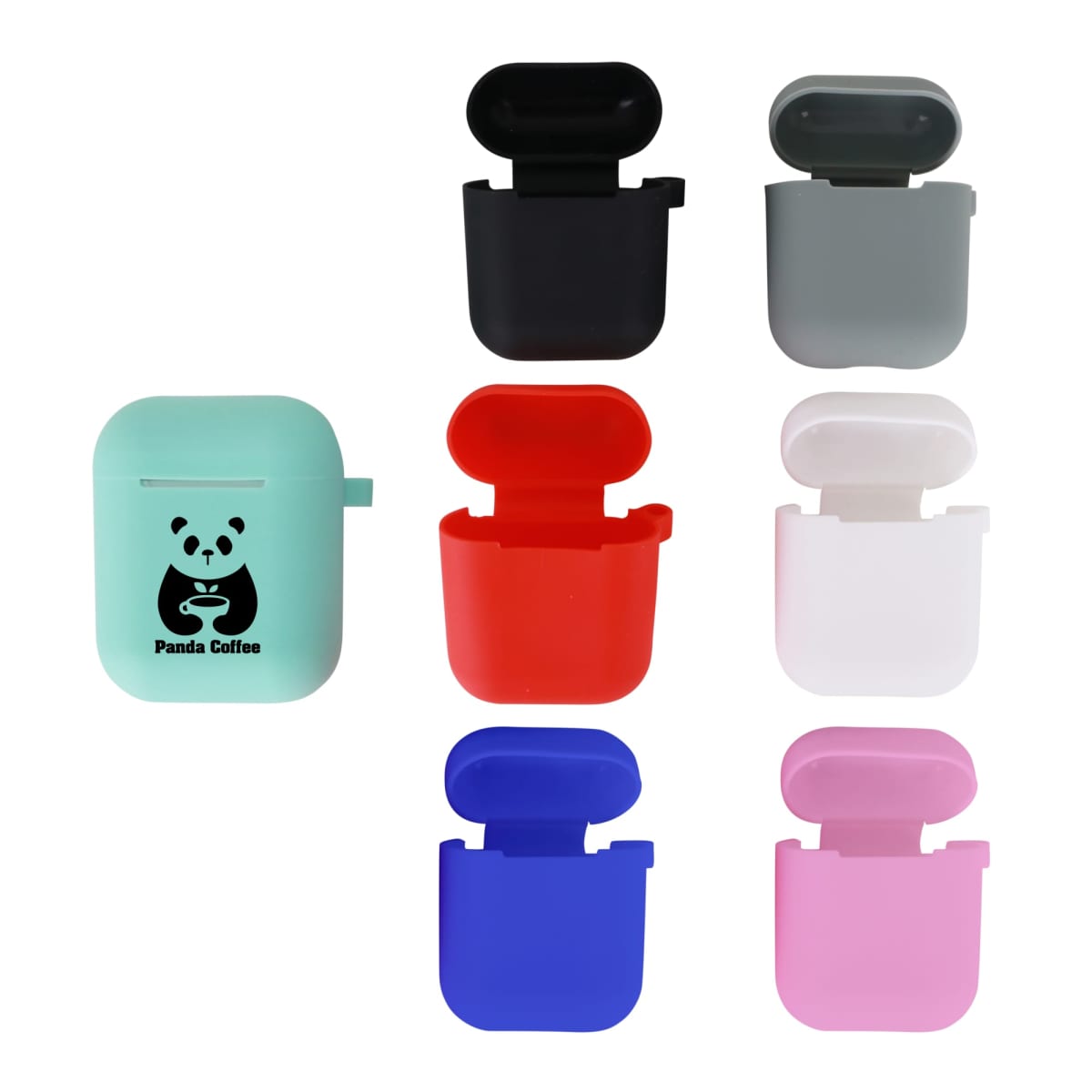 Seven colorful earphone cases, one with a panda logo, are displayed on a white background.