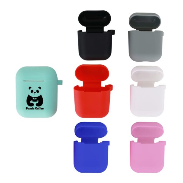 Colorful earbud cases, one with a panda coffee logo, arranged on a white background.
