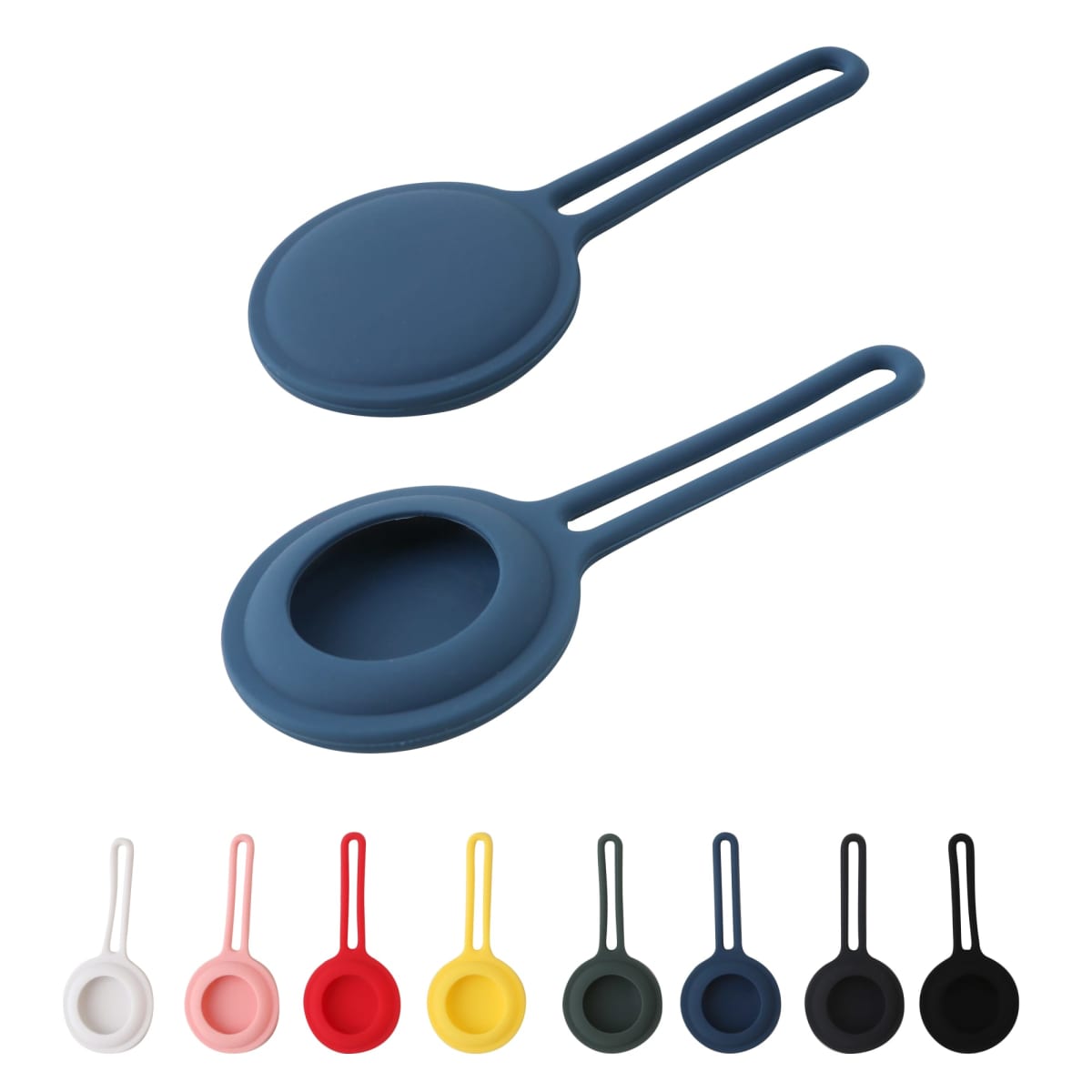 Two blue silicone covers with handles, below are eight colorful silicone covers with handles.