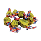 A pile of wrapped Allens Fantales Bags candies displays colorful wrappers with yellow, red, and blue designs. The candies have twists at both ends, and the text on the wrappers is partially visible.