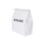 A white paper bag with a folded top is displayed on a plain background. The bag features the word KROWE printed in bold, black letters on the front.