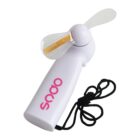 Handheld white and pink fan with attached black wrist strap.