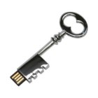 Key-style branded flash drive with sleek silver finish.