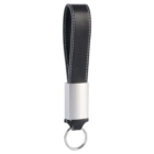 Branded black/silver leather flash drive keyring, with printed logo on leather loop.