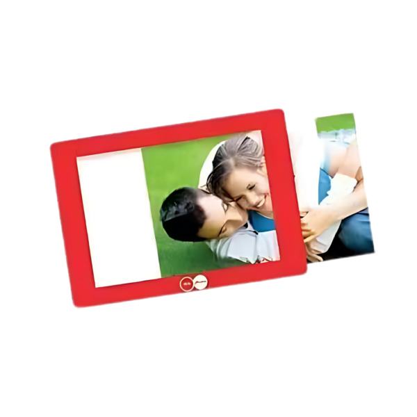 The Branded Photoframe Counter Mat highlights a joyful photo of a couple lying on grass, smiling and embracing, with the image playfully sliding from the frames right side.