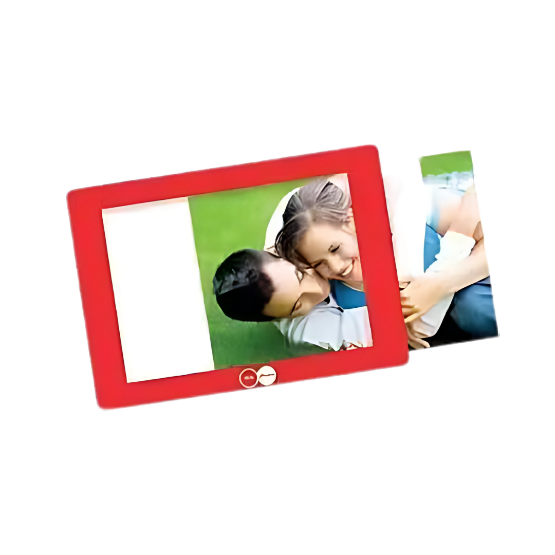 The Branded Photoframe Counter Mat highlights a joyful photo of a couple lying on grass, smiling and embracing, with the image playfully sliding from the frames right side.