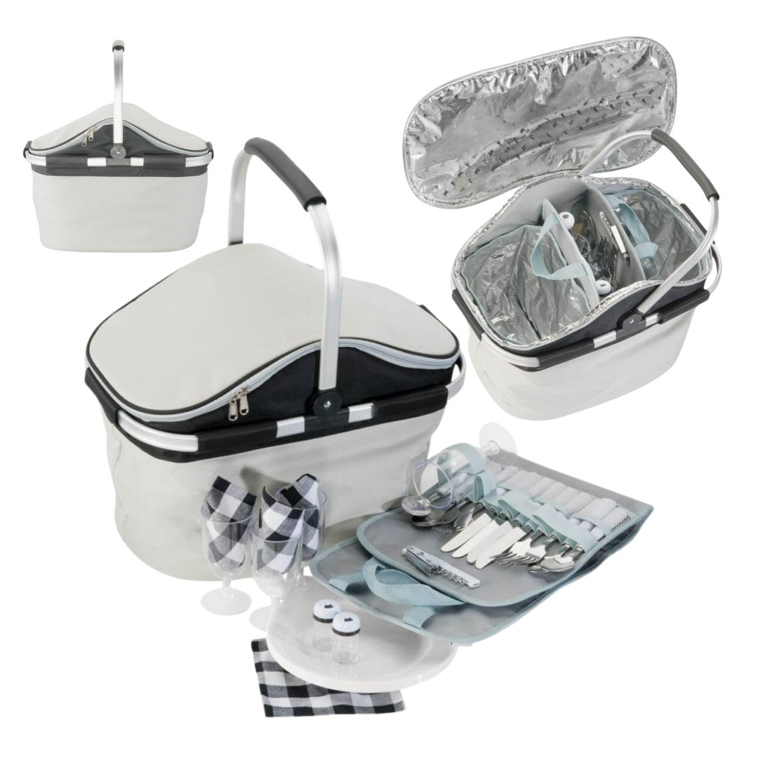 The Branded Picnic Carry Bag, with its white insulation and silver interior, offers a branded allure. It neatly organizes cutlery and glasses, and comes with checked napkins, plastic wine glasses, plates, and a handle for easy carrying—making it perfect for any picnic adventure.
