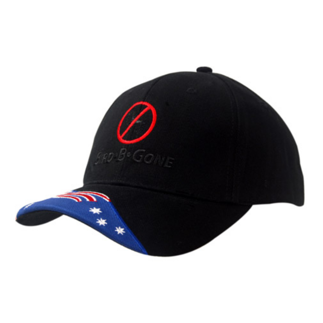 Promotional Black, Brushed Heavy Cotton Australian Cap with embroidered text and images