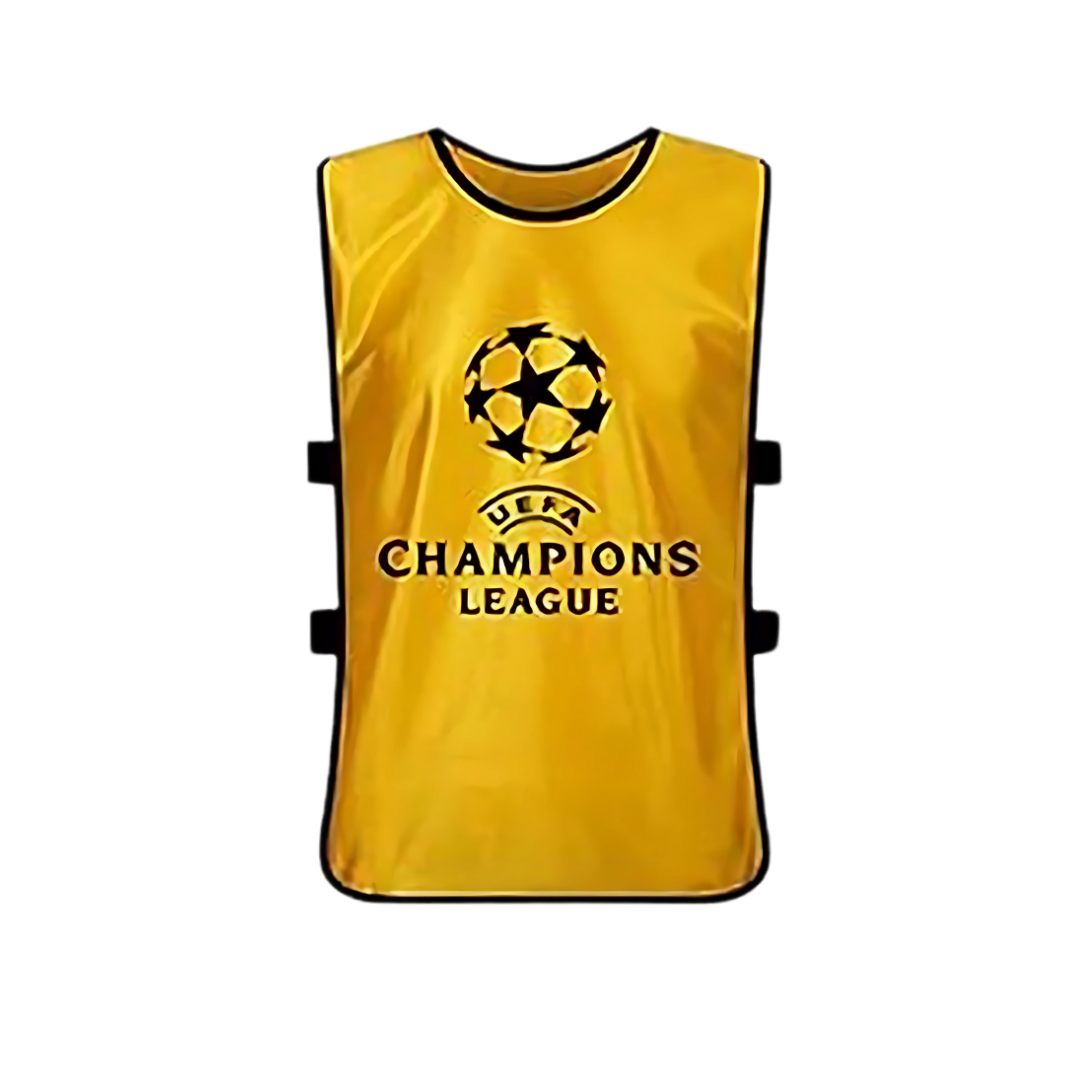 Bryn Soccer Vests: Yellow with UEFA Champions League soccer ball on the chest.