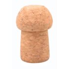 Champagne cork standing upright on a white background.