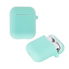 Mint green case showing closed and open views of wireless earbuds inside.