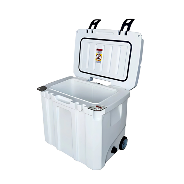 Cooler Boxes with Wheels 31L, lid open, for easy transport, features wheels and side handles.