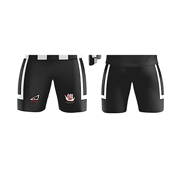 Cullen Soccer shorts in black and white feature front logos.