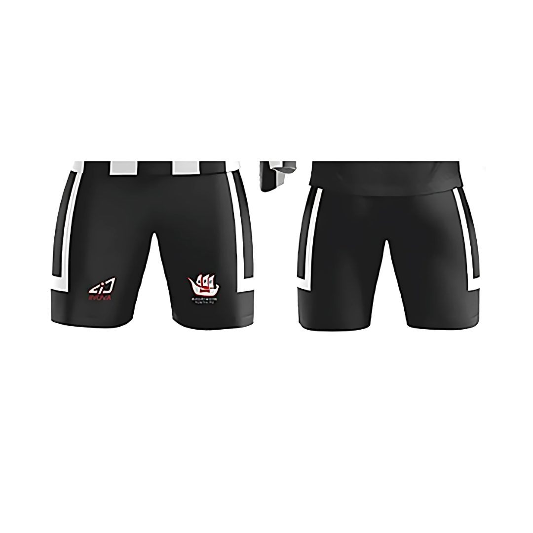 Cullen Soccer shorts in black and white feature front logos.