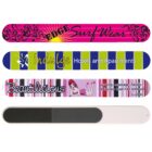 Four stylish branded nail files include a pink Edith Surf Wear, a blue and green striped Indulge Hotels and Apartments, a chic graphic pink Beautilicious, and a dual-sided black and white Customised Vogue nail file.