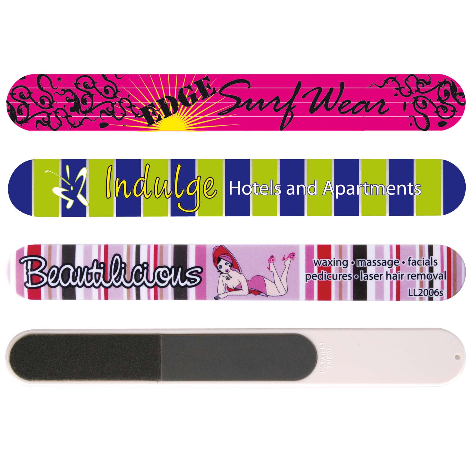 Four stylish branded nail files include a pink Edith Surf Wear, a blue and green striped Indulge Hotels and Apartments, a chic graphic pink Beautilicious, and a dual-sided black and white Customised Vogue nail file.