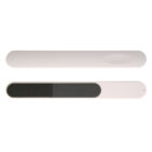 The Customised Vogue Nail file, featuring a black abrasive surface and a white rectangular design, is displayed alongside its matching white case on a pristine white background, epitomizing modern style.