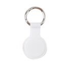 A round white keychain holder with a silver keyring.