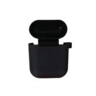 Black wireless earphones case, open, with a rounded lid.