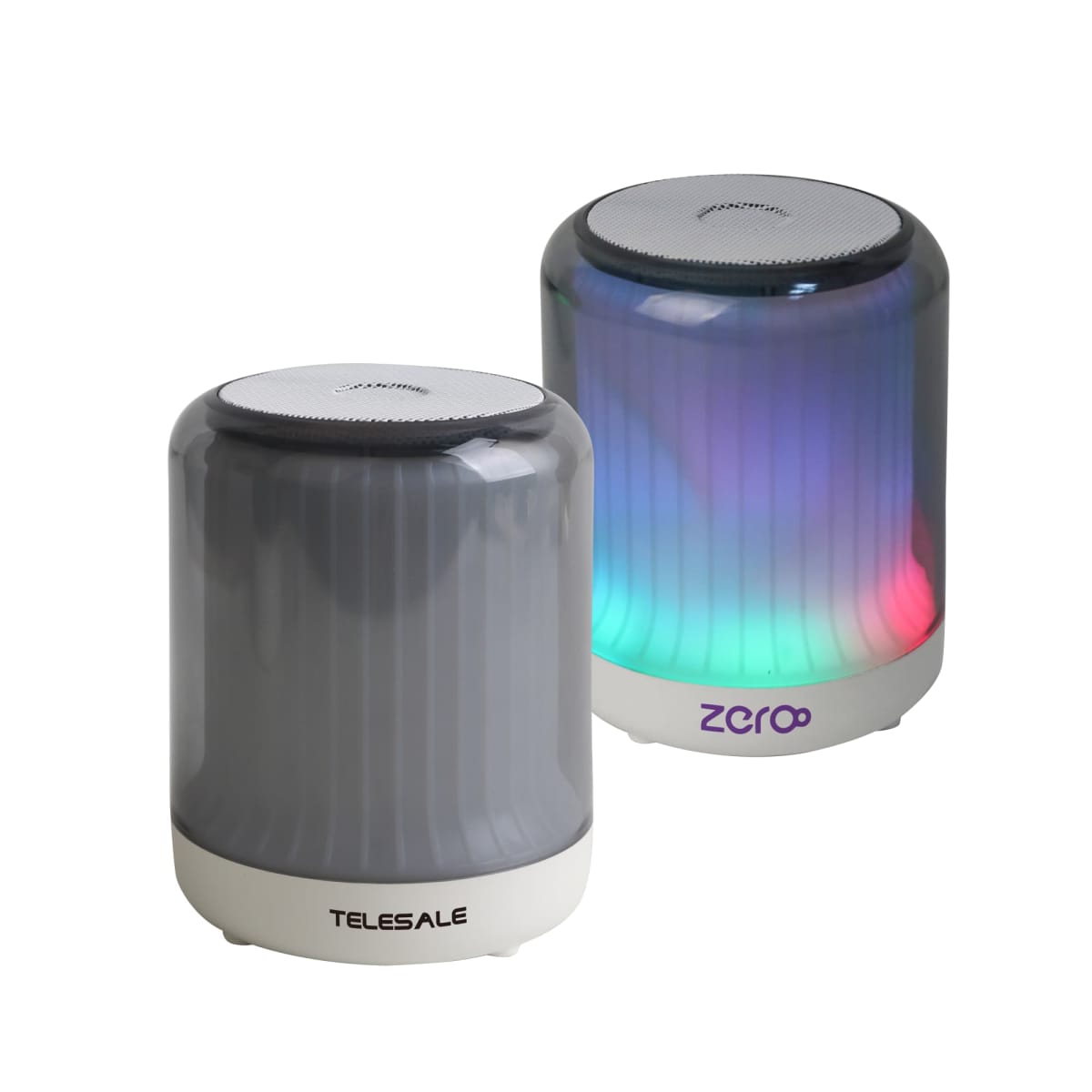 Two cylindrical Bluetooth speakers, one grey and one with colorful lights.