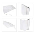 Four images of a plain white rectangular zippered pouch with a loop handle. The pouch is shown from different angles: front view, side view, top view, and standing upright.