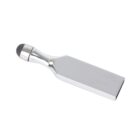 Metallic spatula with a curved handle and a small round black end tip, isolated on a white background.