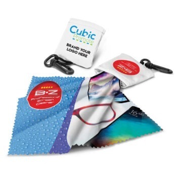 Two microfiber cleaning cloths with cases and clips, one showing a phone and glasses print.
