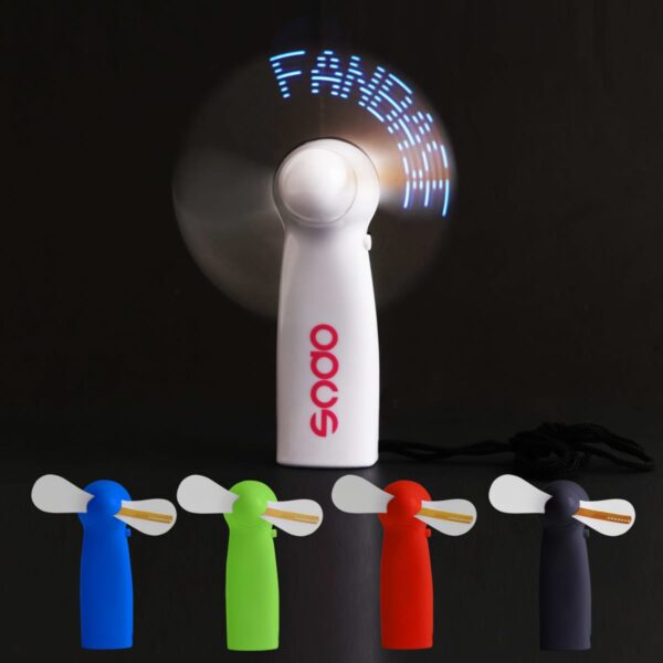 Handheld fan with LED text display and four colorful mini fans below.
