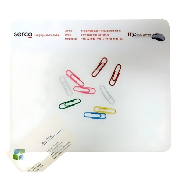 Colorful paperclips on a document beside Flip Top Customised Mouse Pads.
