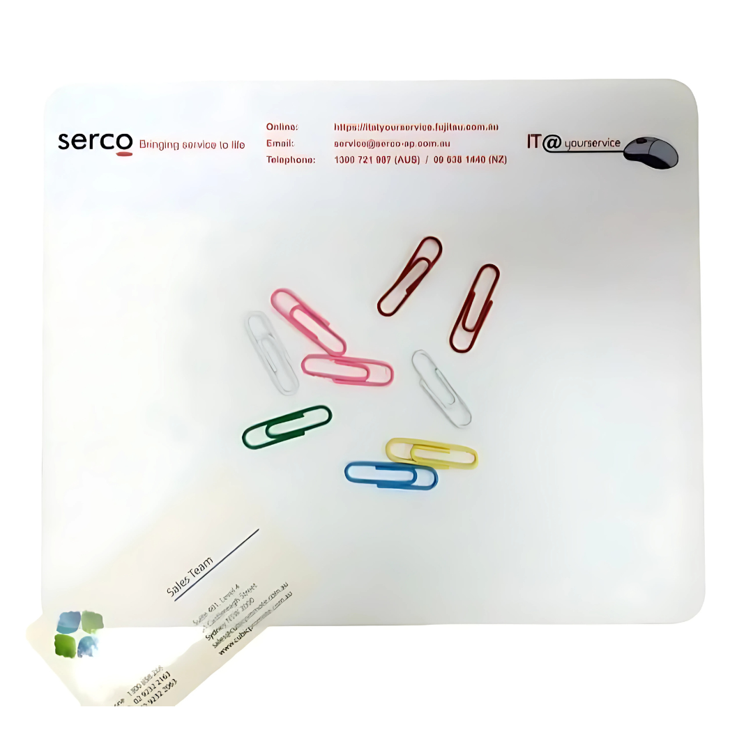 Colorful paperclips on a document beside Flip Top Customised Mouse Pads.