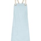 Light blue apron with tan adjustable straps, featuring a single large front pocket on the left side. The apron is displayed against a white background.