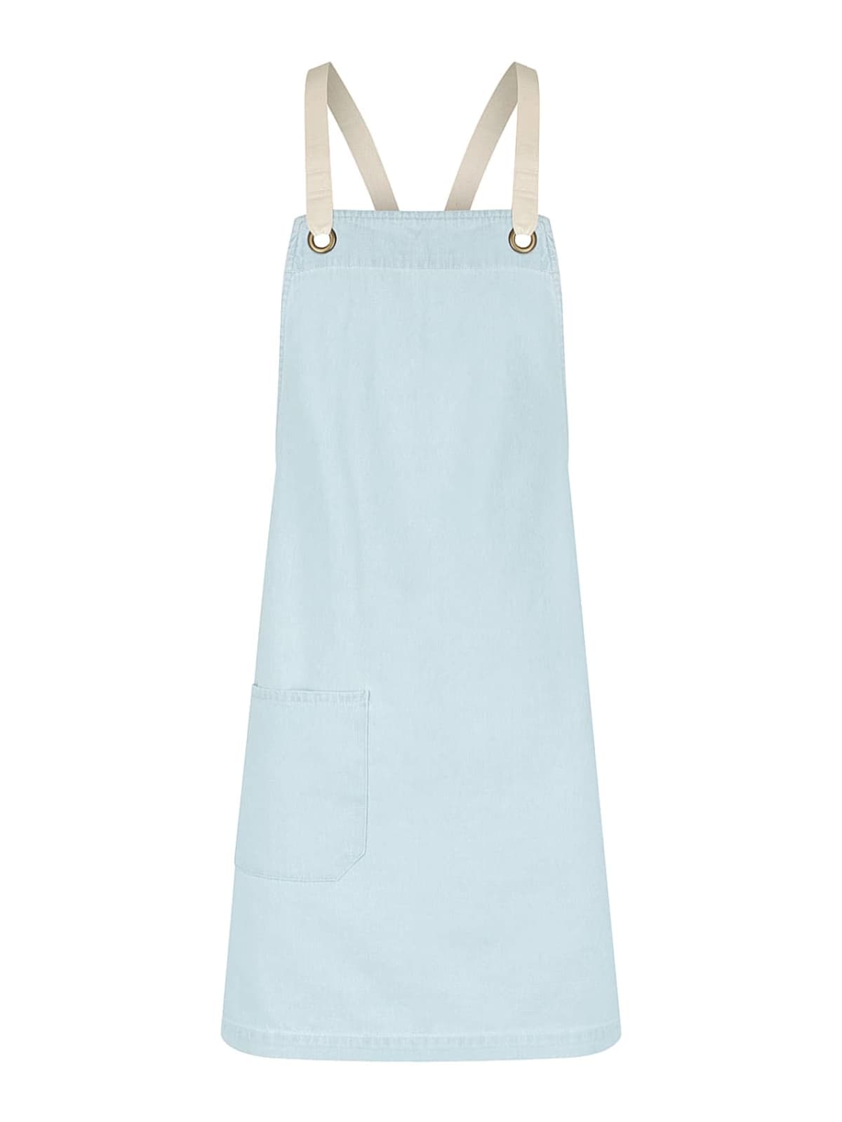 Light blue apron with tan adjustable straps, featuring a single large front pocket on the left side. The apron is displayed against a white background.