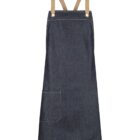A dark blue denim apron with tan cross-back straps and a front pocket. The apron is laid flat against a white background.