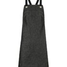 A dark gray apron with black adjustable straps and a single pocket on the left side. It has metal eyelets where the straps connect at the top. The fabric has a subtle texture, giving it a sturdy appearance.