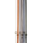 Six leather belts in various colors—white, brown, tan, navy blue, gray, and black—are laid out vertically. Each belt features a gold buckle and multiple adjustment holes.
