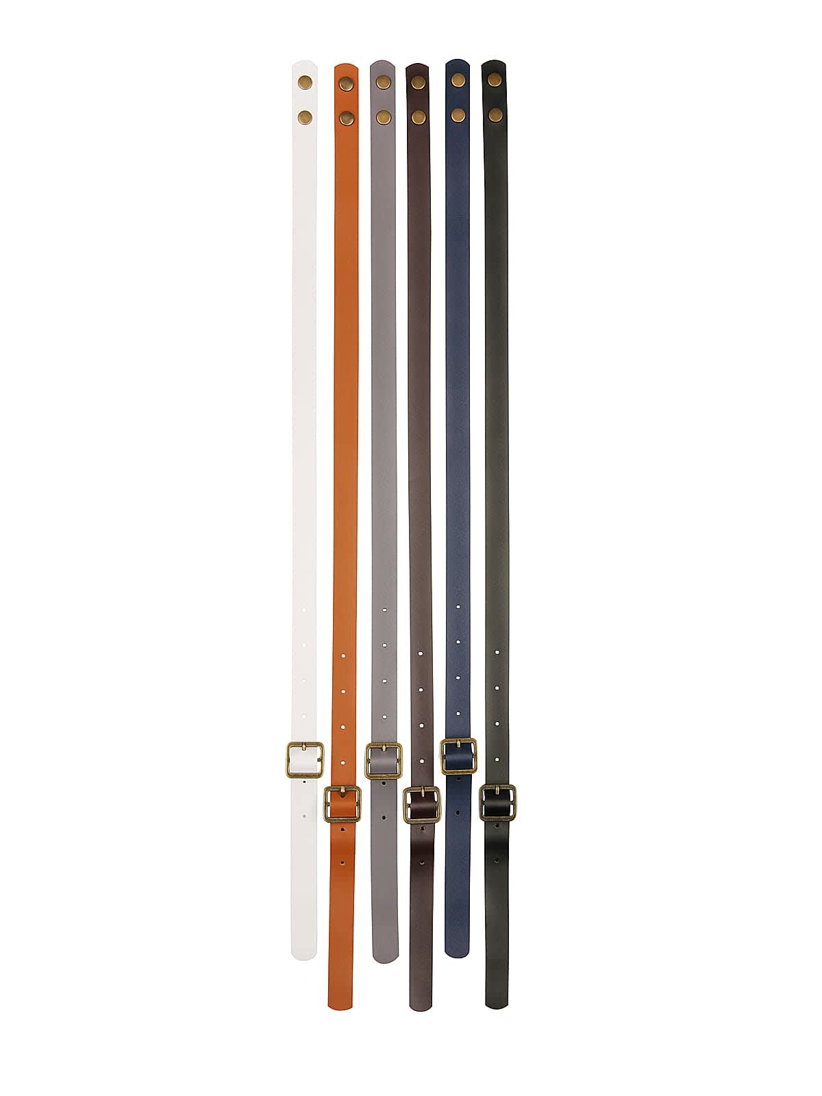 Six leather belts in various colors—white, brown, tan, navy blue, gray, and black—are laid out vertically. Each belt features a gold buckle and multiple adjustment holes.