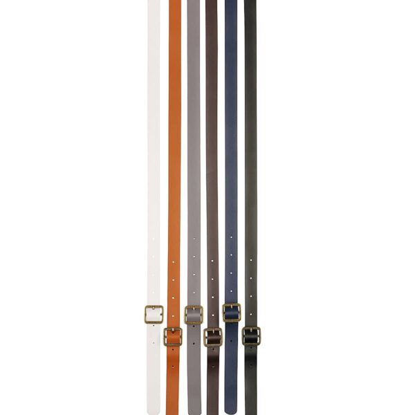 A collection of six leather belts in various colors: white, orange, brown, gray, navy blue, and black. Each belt features a gold buckle and multiple holes for adjustable sizing. The belts are arranged vertically side by side.
