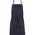 A navy blue apron with a front pocket and waist tie. The apron features leather straps with metal buckles, giving it a stylish and durable appearance. The design is simple, suitable for cooking or crafts.