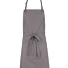 A gray apron with an adjustable neck strap and a front pocket. It features a waist tie for securing and has a simple, functional design.