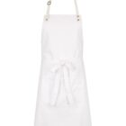 A plain white apron with an adjustable neck strap and a front pocket. It has a waist tie and gold-colored grommets on the neck strap for adjustment.