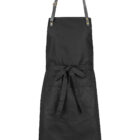 A black apron with a neck strap, adjustable leather buckles, and a waist tie. The apron features two front pockets and is designed for culinary or crafting use. The fabric appears durable and suitable for kitchen or workshop environments.