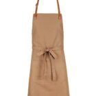 A beige apron with a front pocket and a brown adjustable neck strap. The apron has a waist tie and is displayed against a white background.