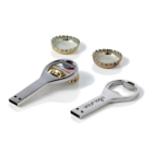 2 silver Kedar Opener USB keys with 2 nearby bottle caps.