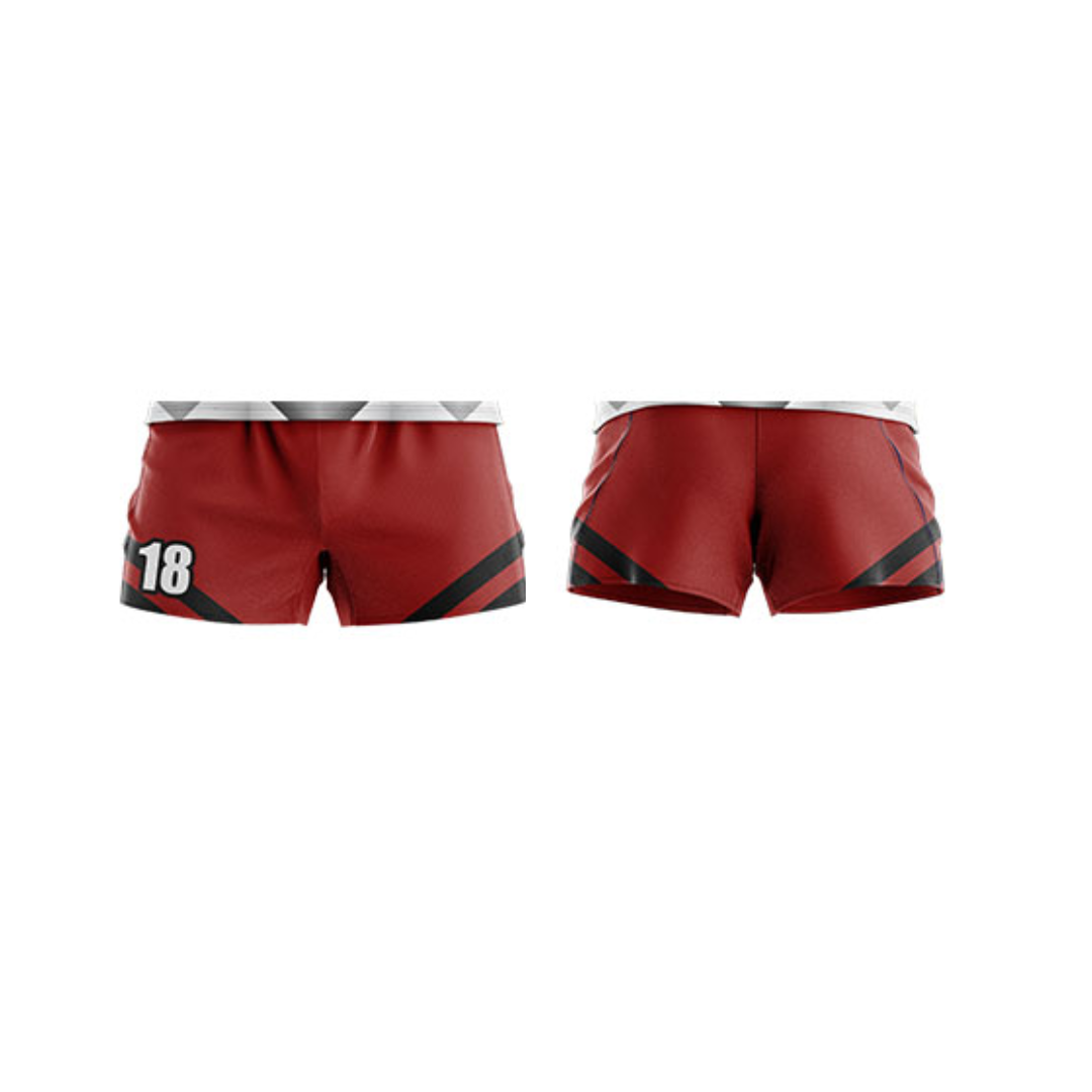 Knox Rugby AFL Shorts: Red, black stripes, number 18 on front and back.