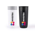 Two travel mugs with the brand name INVESTRA printed vertically. One mug is white with a gray lid, and the other is black. Both feature a colorful logo with overlapping shapes in pink, orange, blue, and purple at the base of the text.
