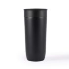 A sleek, matte black travel mug with a smooth surface and a fitted lid is centered against a plain white background.