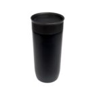 A sleek, black cylindrical travel mug with a smooth, matte finish and a matching lid. The simple, modern design features clean lines and a uniform color, suitable for carrying hot or cold beverages.