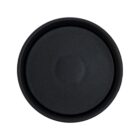 A round, black lens cap seen from above against a white background. The surface is smooth with a subtle circular indentation in the center.